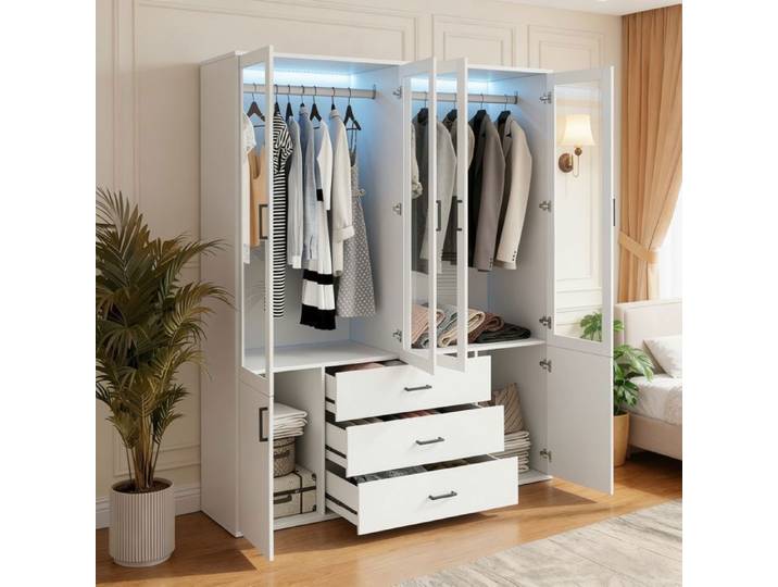 Armoire Chambre Adulte avec éclairage LED Armoire 6 portes et 3 tiroirs Penderie Rangement Multifonction Bois Blanc 160x52x182cm