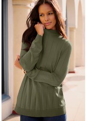 Plus Size Women's Plus Size Drop Needle Mockneck Lightweight Sweater Knit by Roaman's in Dark Olive Green (Size S)