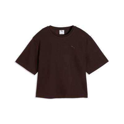 T-Shirt PUMA "ESS ELEVATED RELAXED TEE", Damen, Gr. M, chocolate fondue, Web, Obermaterial: 66% Baumwolle, 32% Polyester, 2% Elasthan, unifarben, relaxed fit normal, Shirts T-Shirt, Kurzarmdesign, sportlicher Stil, unifarbenes Design, relaxed fit