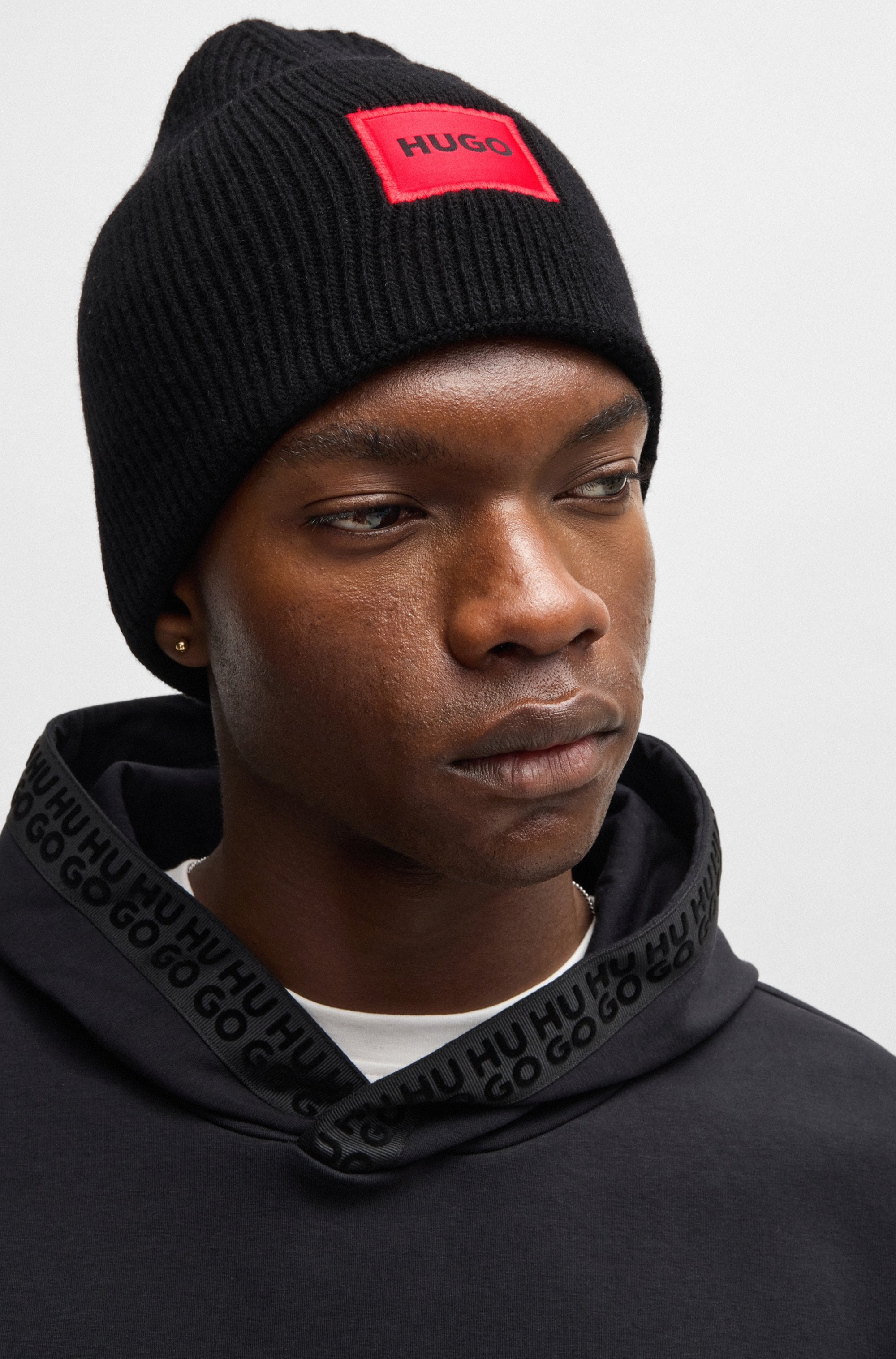 Beanie HUGO "Xaff 6", Herren, schwarz, Strick, Wollmischung, unifarben, Mützen Beanie, mit Logobadge, Woll-Mix