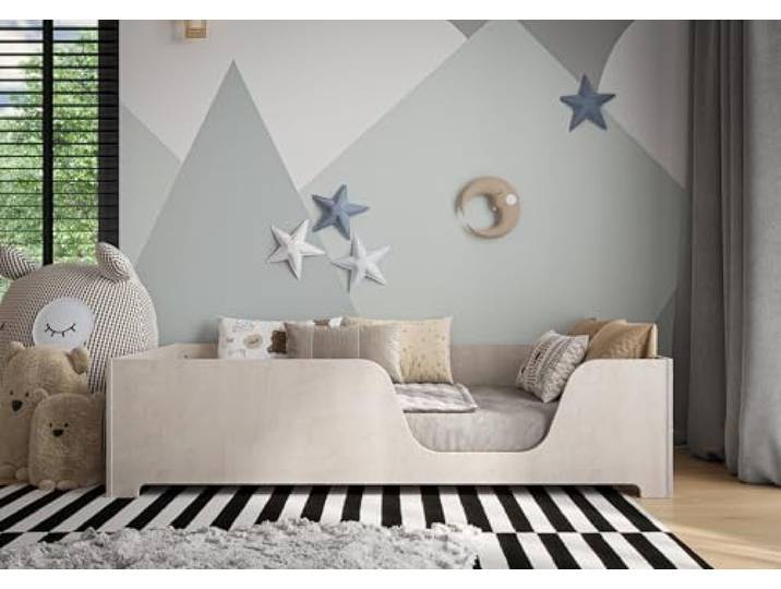 OSONO DIBBA Fort P Kinderbett 140x200 cm aus Naturholz Modernes Montessori Bodenbett aus Buchenholz mit sicherem Rausfallschutz & Lattenrost