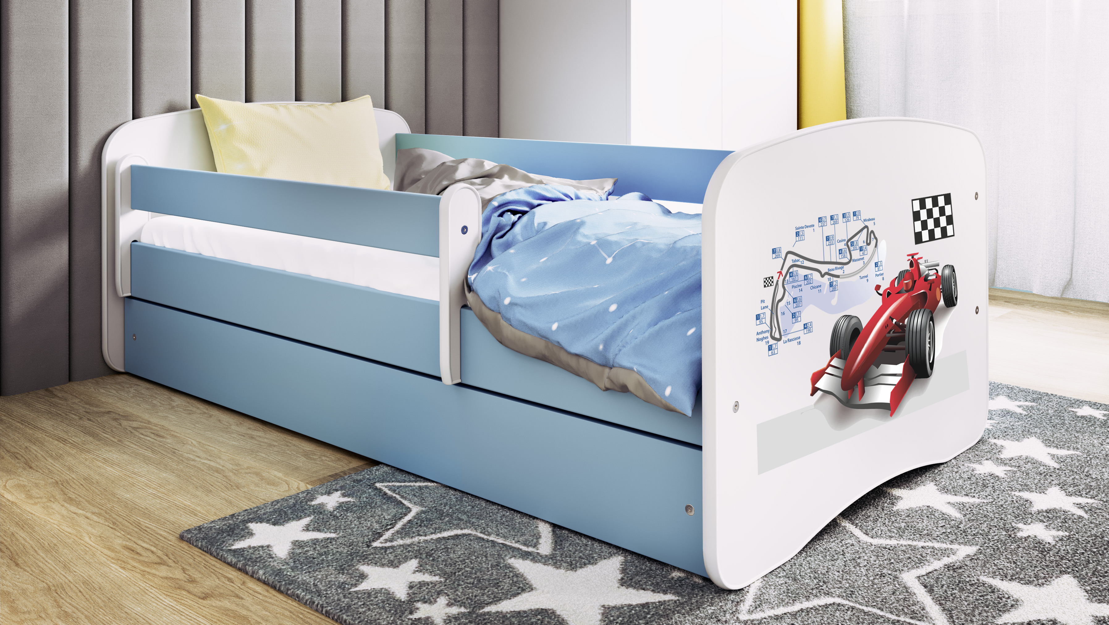 Kinderbett Jugendbett Formel 1 70x140, 80x160, 80x180 cm - Komplettset mit Schublade & Rausfallschutz