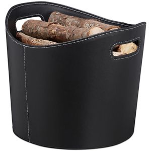 Relaxdays Kaminholzkorb 10028790 L, schwarz, Kunstleder, 2 Tragegriffe, 39,5 x 31,5 cm