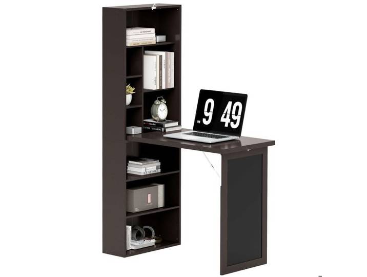 Bureau murale pliable avec bibliothèque 9 étagères et tableau à craie noir