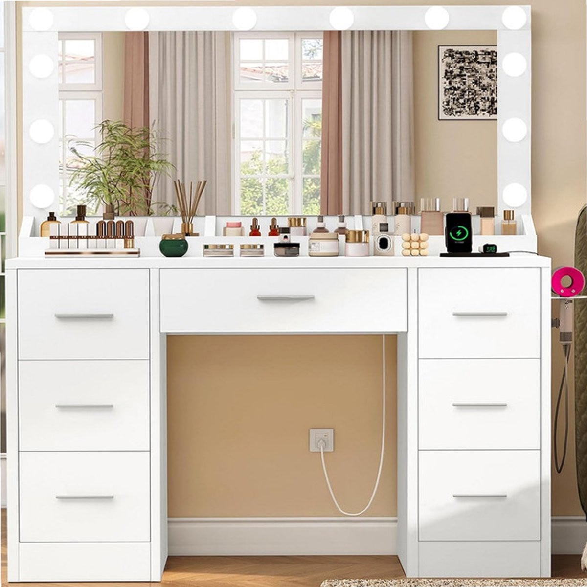 Sierra Make-uptafel met verlichting en 7 laden, wit