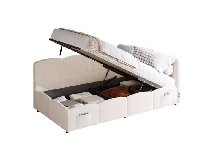 Lit multifonction - Coffre capitonné 90x200 - Velours beige - Hydraulique & coffre - Ports USB A/C