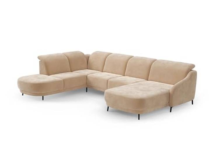 CAVADORE Wohnlandschaft Blue, Sofalandschaft mit Longchair im modernen Design, inkl. kopfteilverstellung, Vorziehsitz motorisch, Klapptisch, mattschwarzen Metallfüßen, Mikrofaser, Hellbraun