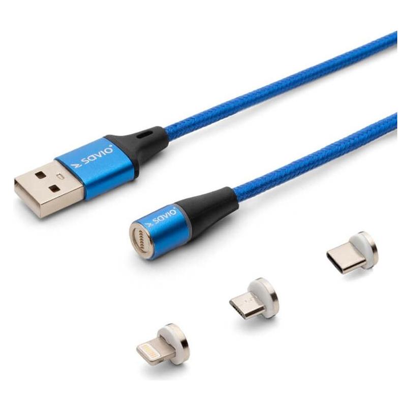 Savio Elmak USB-A USB-Kabel - USB-C, microUSB, Lightning 2 m Blau (1 790990) (2 m, USB 2.0) (CL-157)