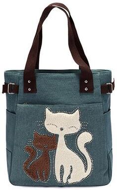 ModernMart Cute Cat Canvas Tote Bag For Women Plush Kitten Shoulder Bag For School, Shopping & Daily Use green
