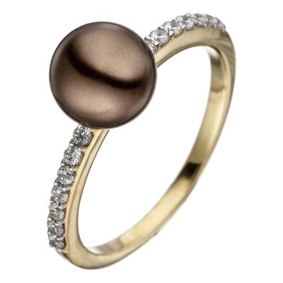 Perlenring JOBO Gr. 52, gold (gelbgold 333), Fingerringe, Damen, 52, Gelbgold 333 Perlen, Gelbgold 333, Perlen, Perlenring, 333 Gold bicolor Synthetische Perle und 14 Zirkonia