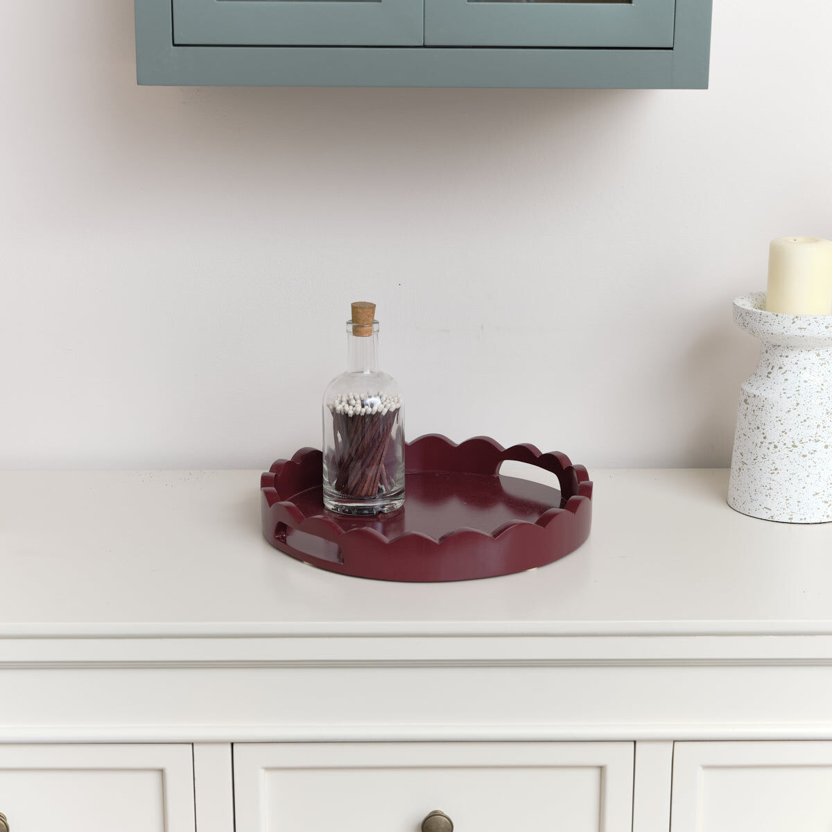 Plum Red Round Scalloped Tray 30cm Wood