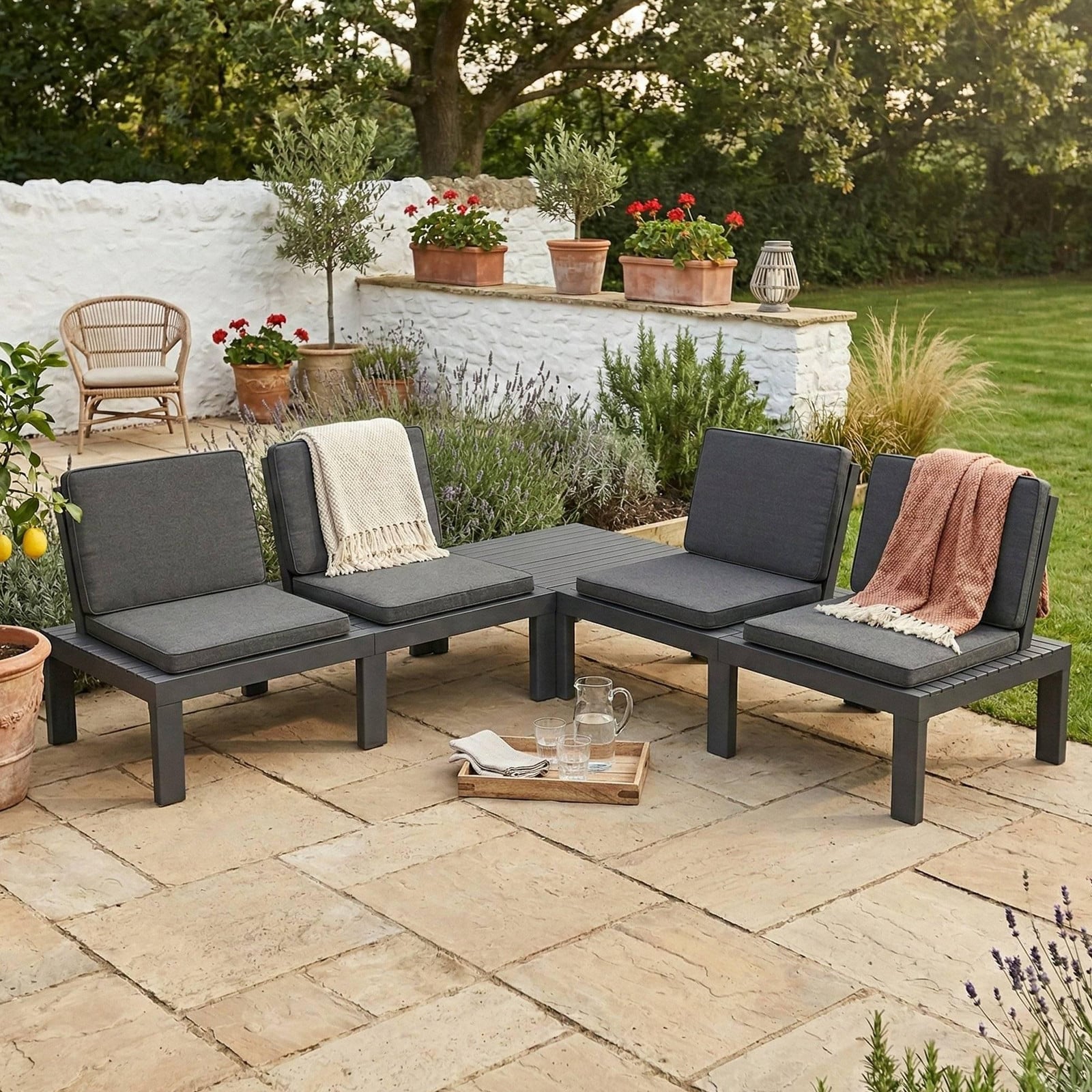 ProGarden loungeset met kussens, grijs, 5-delig, moderne L-vormige tuinmeubelset