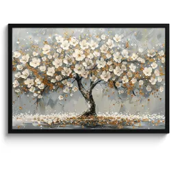 POSTER MIT RAHMEN Baum - Blumen - Weiß - Natur - Kunst 90x60 cm