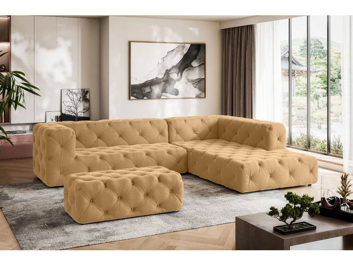 Ecksofa HOME AFFAIRE FOLLINA , gold, B:325cm H:71cm T:228cm, 100% Polyester, Sofas, Ecksofa, L-Form, mit klassischer Chesterfield-Knopfheftung