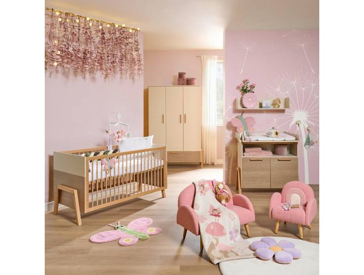 Jimmylee Babyzimmer Diana, Grauweiß, Holz, massiv, 5 Fächer, zum Juniorbett umbaubar, höhenverstellbar, Lattenrost inklusive, Schlupfsprossen, Babymöbel, Babyzimmer-Sets