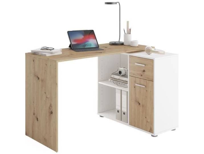 Bureau d'angle avec rangements Albrecht - Mélaminé chêne et blanc - L83 x H74 x P117 cm