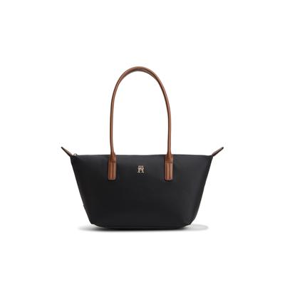 Tragetasche TOMMY HILFIGER "POPETTE EAST WEST TOTE", Damen, Gr. B/H/T: 40cm x 18cm x 12cm, schwarz, Leder, Nylon, Taschen, Damen Handtasche, Schultertasche mit TH-Logoelement