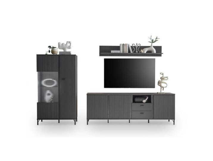 Trendstore Waiola Wohnwand 3-teilig - optional mit Beleuchtung - ohne Zusatzausstattung Wohnzimmer, TV-Sideboard, Vitrine, Wandboard, modernes Design, flexibler Stauraum, Dekor schwarz graphit, Fronten aus geriffeltem Glas, optionale Beleuchtung Soft-Close-Funktion Modern