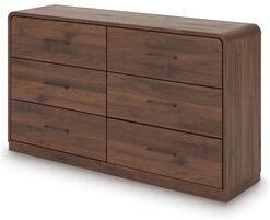 Benjara Fery Wide Dresser, 6 Drawers, Black Handles, Modern Sleek Walnut Brown
