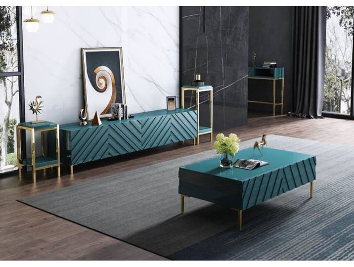 JVmoebel Wohnzimmer-Set Türkises Metall-Sideboard mit Holz- und Edelstahl-Elementen, (Sideboard / 2x Konsolentische / Couchtisch), Made in Europa