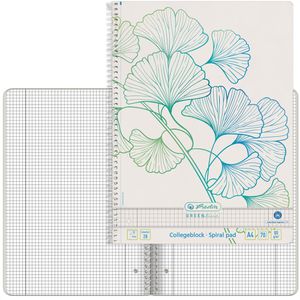 Herlitz Collegeblock GREENline Ginkgo, 300006029, A4, Innen- und Außenrand, 80 g/m², 70 Blatt, Recycling, kariert