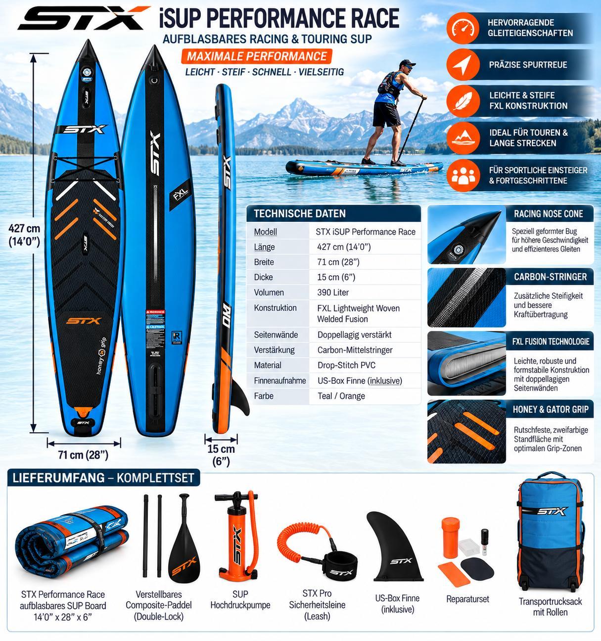 STX Performance Race 14' 0 SUP Board 427x71cm aufblasbar Touring Board Paddel
