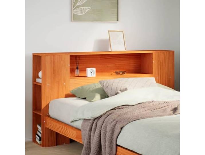 Bett Kopfteil mit 7 Fächern, freistehend, Kiefer massiv, wachsbraun, 135 cm