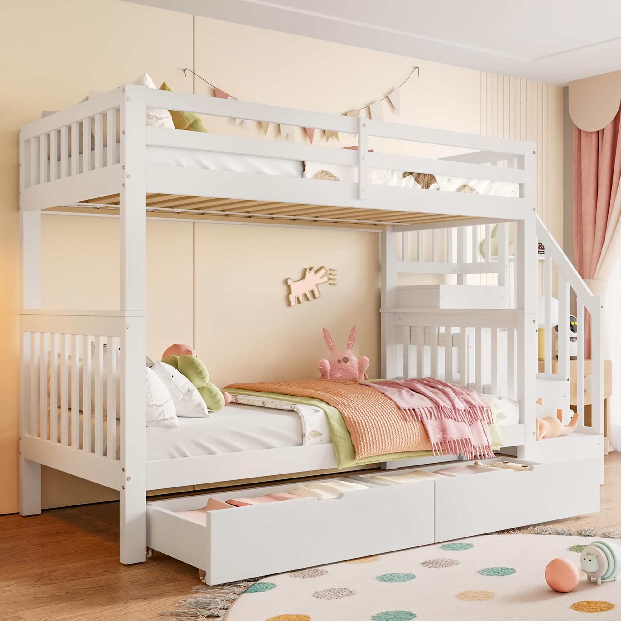 okwish Etagenbett mit 2*Matratze Kinderbett 90x200 Stockbett Jugendbett mit 2 Schublade,mit Rausfallschutz,Weiß