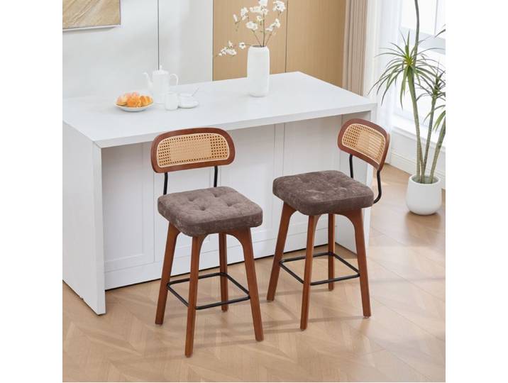 HOMVRA Lot de 2 tabourets de bar pivotants 360° avec dossier cannage assise chenille marron