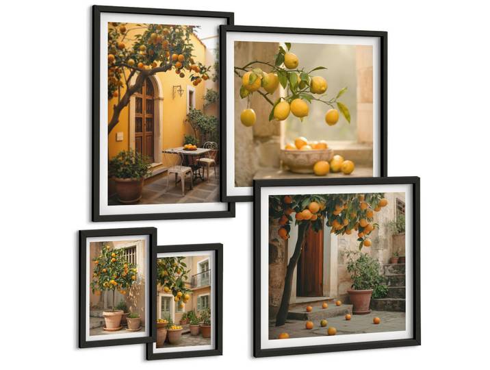 Tulup Bilder SET 5er Set - 50x50 cm & 20x30 cm & 40x60 cm Schwarzer Rahmen - Terrasse mit Zitrusbäumen, Kunststoff, Rechteckig, 40x60 cm, einfache und schnelle Anbringung, Bilder & Rahmen, Bilder