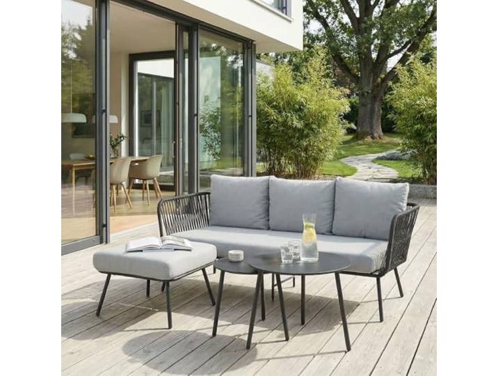 Gartenmöbel MYKONOS - Dreisitzer, Hocker, Beistelltische, Schwarz/Grau. Strapazierfähig, wasserabweisend mit Polyesterkissen. Ideal für Lounge, Balkon, Terrasse. Inkl. Lounge Sofa, Outdoor Möbel.