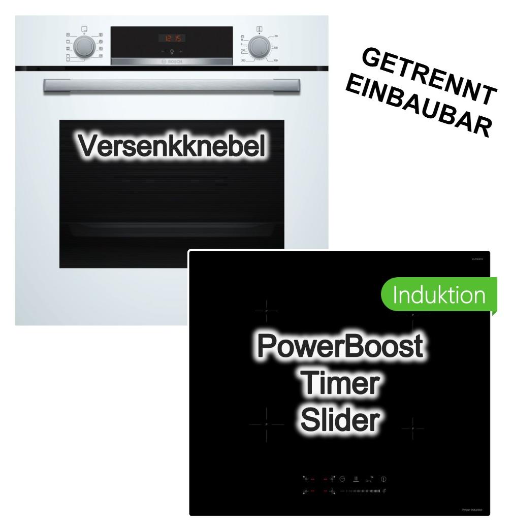 Herdset BOSCH Backofen weiß 71 Liter 3D Heißluft Hydrolyse+ keenberk 60 cm Induktionskochfeld Booster Touch-Slider