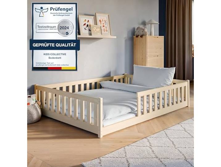 Kids Collective Montessori-Bodenbett 140x200 cm, Natur, mit Matratze Rausfallschutz, Lattenrost inklusive, für Kinder und Jugendliche