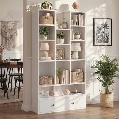 "BOSSIN Modern Bookcase with Drawers, 65"" Tall Bookshelf with 11 Cubes"