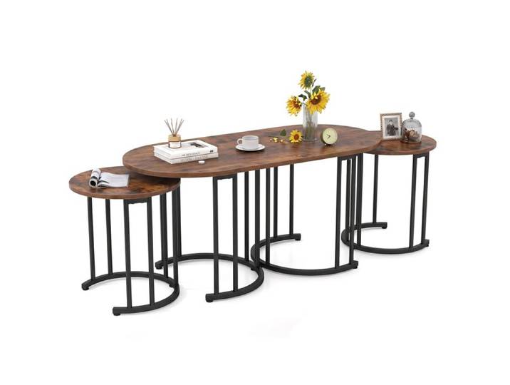 Ensemble 3PCS Tables Basse Empilables COSTWAY Plateau Marbre Synthétique Marron Table Basse Salon Ovale 2 Tables d'Appoint Rondes