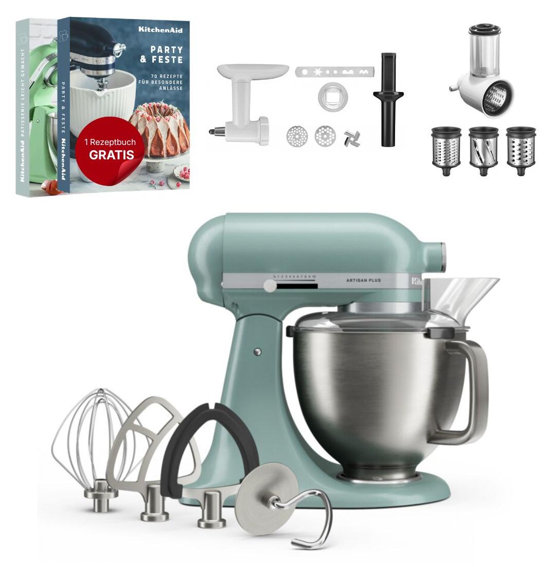 KitchenAid 4,7 L 5KSM50 Artisan Plus Küchenmaschine Allrounderset mit Gemüseschneider + Fleischwolf + Spritzgebäckvorsatz Mint Julep
