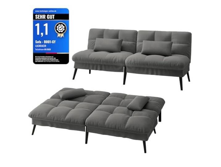 LUCKRACER Sofa 3 Sitzer Sofa Schlafsofa mit Schlaffunktion, überzug Futon Klappsofa, Bettcouch, ecksofa, Couch, 5 Verstellbare Winkel, Ideal für Wohnungen Wohnzimmer aus Stoff Grau