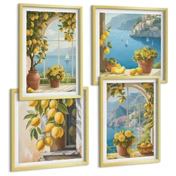 BILDER SET 4er Set - 50x50 cm & 40x60 cm Goldrahmen - Meereslandschaften, Zitronen, Fenster