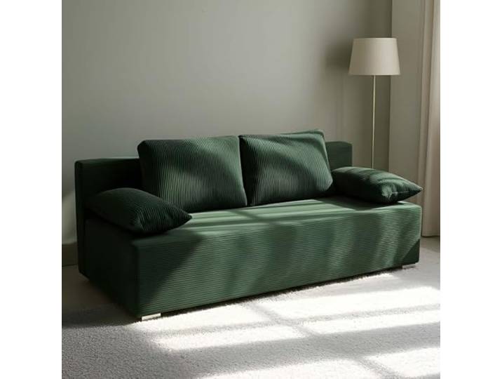 bonni24 Lunera Prima 2 Schlafsofa 3-Sitzer aus Cord mit Bettkasten und Schlaffunktion, Bonellfederung, Liegefläche 140 × 195 cm, Grün
