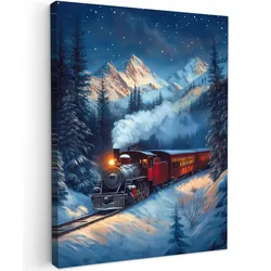 LEINWANDBILD Zug - Weihnachten - Schnee - Weihnachtszug Wandbild Wohnzimmer 60x80 cm