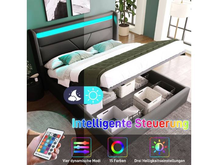Lit Coffre 140x200 cm avec Bande Lumineuse Led Lit Double Adulte avec Télécommande Sommier à Lattes Sommier à Lattes Gris