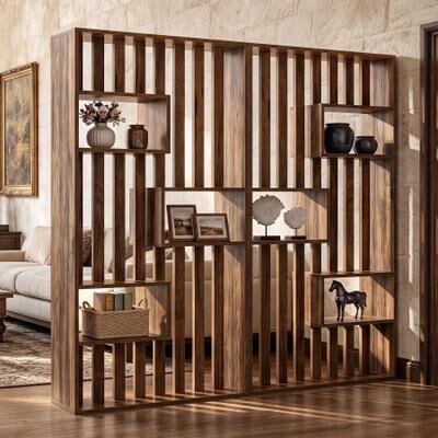 YUZHOU 71-Inch Freestanding Room Divider, Modern Rustic Slatted Partition with Open Display Shelf for Living Room