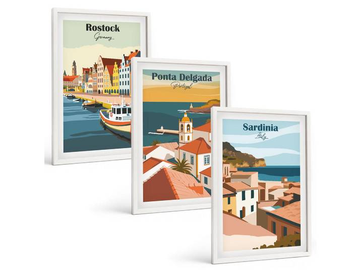 Tulup Bilder SET 3er Set - 40x60 cm Weißer Rahmen - Ansichten europäischer Küstenstädte, Kunststoff, Rechteckig, 40x60 cm, gerahmt, Bilder & Rahmen, Bilder