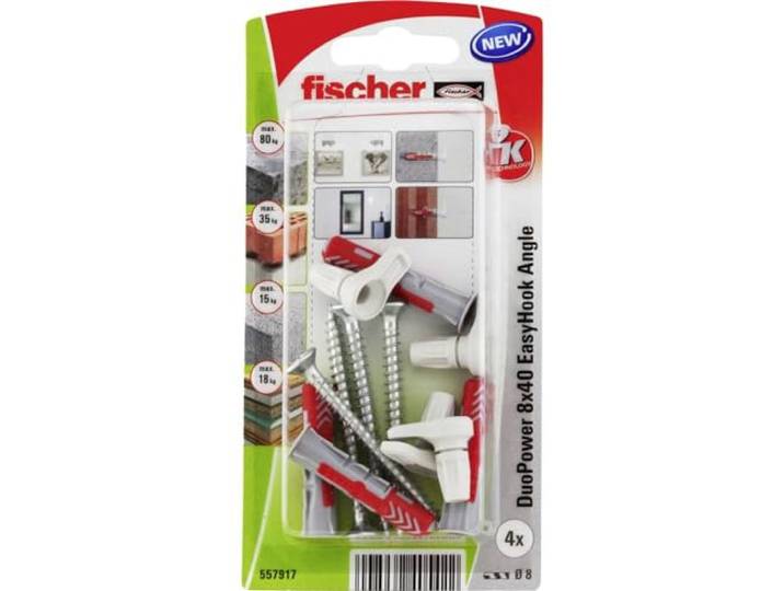 fischer - Crochet EasyHook droit avec cheville DuoPower 8x40 adapté à tout type de support/Paquet de 4
