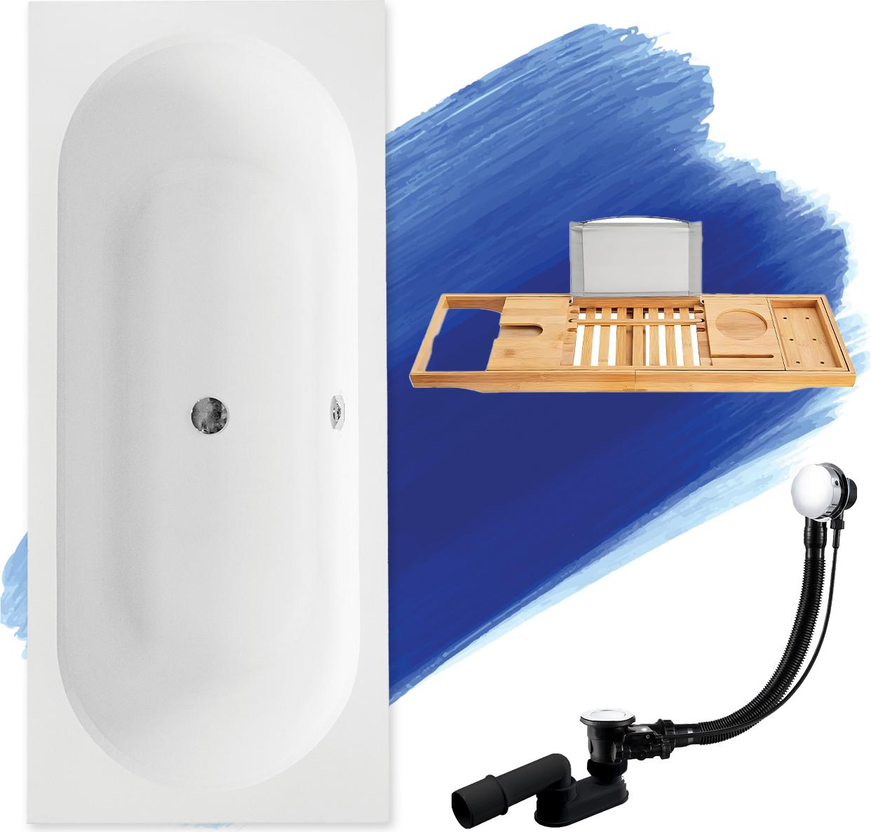 BADLAND Eckbadewanne Rechteck Badewanne VITAE 180x80 mit Ablaufgarnitur und Füßen + Bambus Ablage | BADLAND VITAE