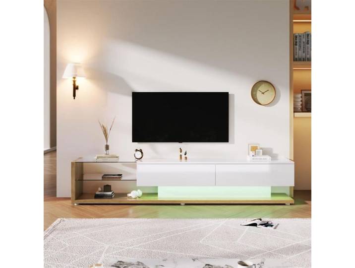 Meuble TV - GUTENT - Blanc + Brun - Éclairage LED variable - 2 tiroirs - Style scandinave moderne