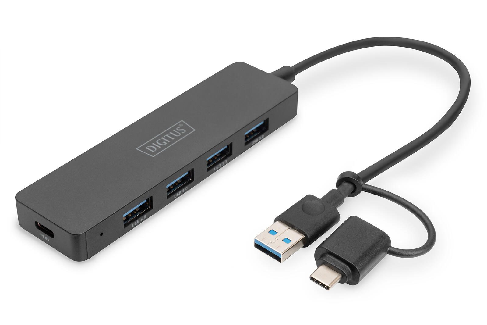 Digitus USB 3.0 Hub 4-Port, Slimline mit USB-C Adapter, 5Gbps, 0,2m Kabel DA-70235