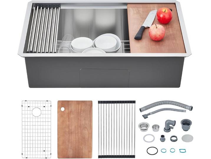 GarveeMore Küchenspüle Edelstahl-Unterbauspüle als Arbeitsstation,Spülbecken, 76/48 cm, Einzelbecken mit Zubehör und integrierten Funktionen
