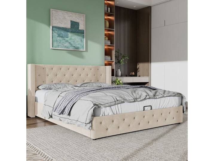 Lit coffre rembourré haut dossier capitonné Chesterfield FloraGrace 180x200 cm velours beige