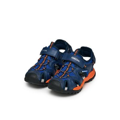Sandale GEOX "J BOREALIS BOY", Mädchen, Gr. 31, Textil, blau (blau, orange), Lederimitat, Textil, Mesh, Basic, Schuhe Sandale, Kinderschuh mit Zehenschutz, Größenschablone zum Download